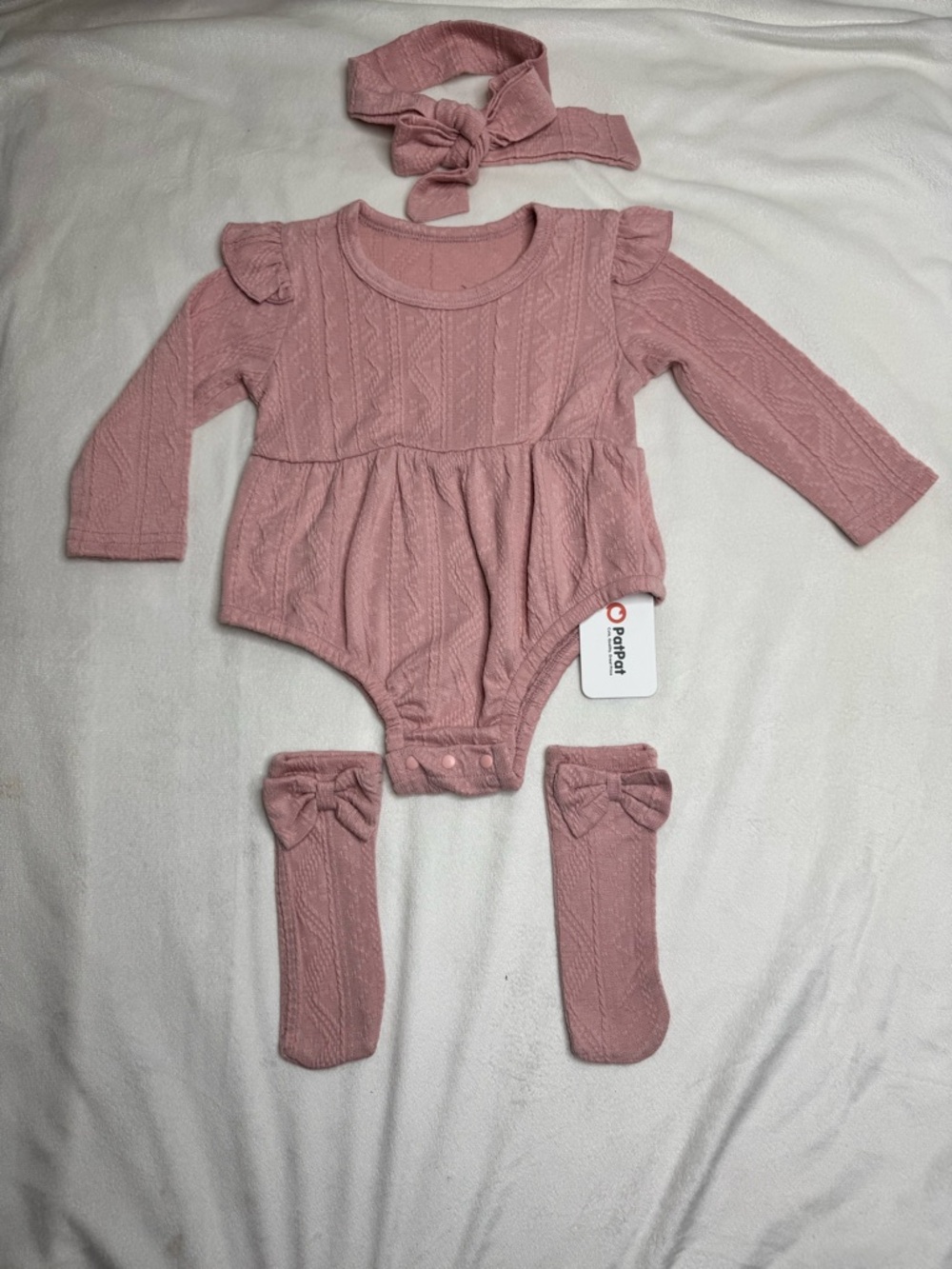 PatPat Dusty Rose Knit Long-Sleeve Baby Bodysuit Set with Headband & Socks